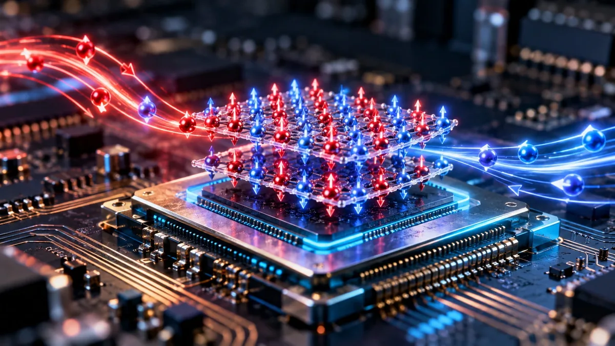 Close-up of a processor with a glowing red-and-blue lattice of quantum-like qubits above the chip, representing advanced computing signals on a circuit board.