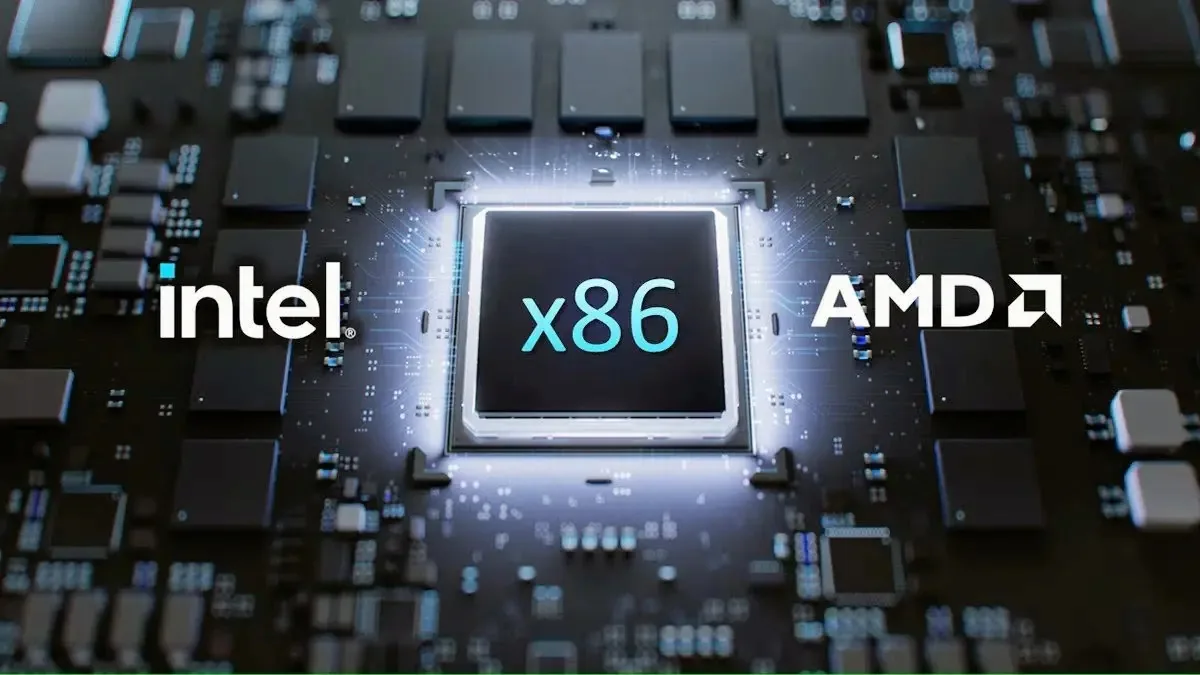 طرح گرافیکی از یک پردازنده‌ی مرکزی درخشان با نشان معماری x86 در مرکز و لوگوهای Intel و AMD در دو طرف آن روی مدار الکترونیکی.