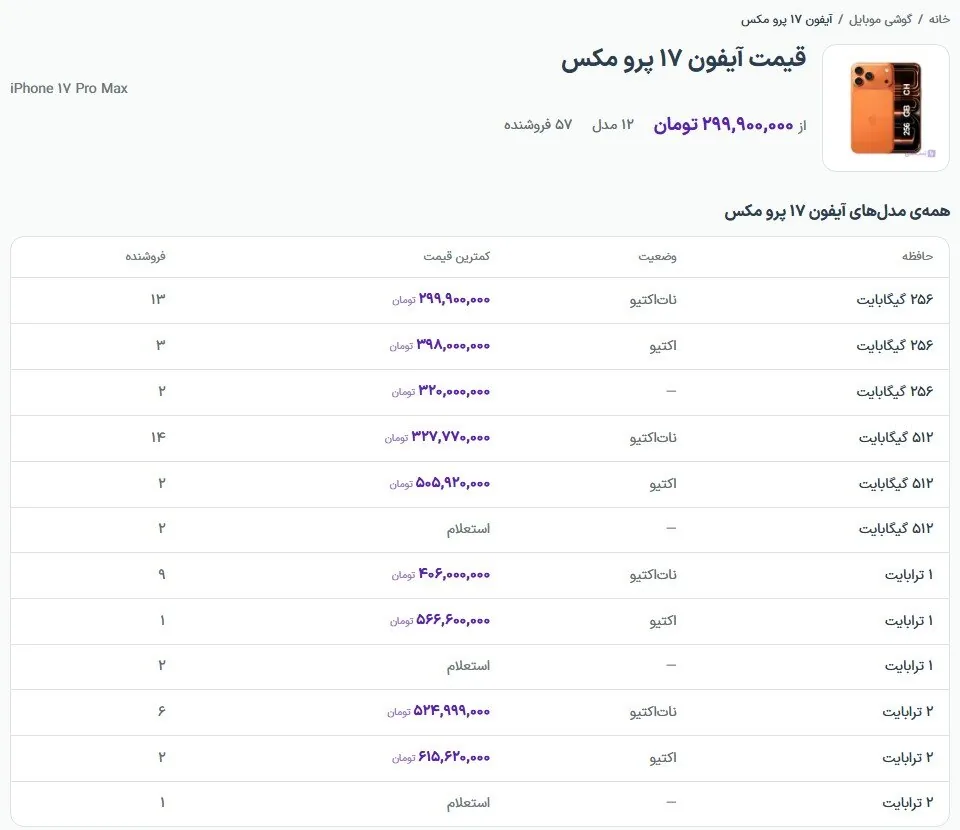 جدول قیمت آیفون ۱۷ پرو مکس به تفکیک حافظه و وضعیت اکتیو و نات‌اکتیو