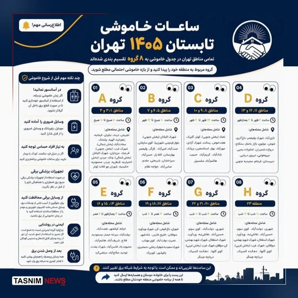 برنامه خاموشی مناطق مختلف تهران
